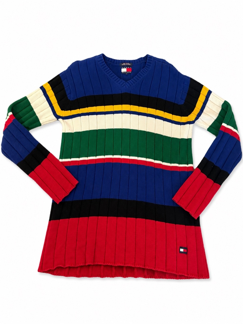 Vintage Tommy Hilfiger Bold Multicolor Striped V-Neck Sweater